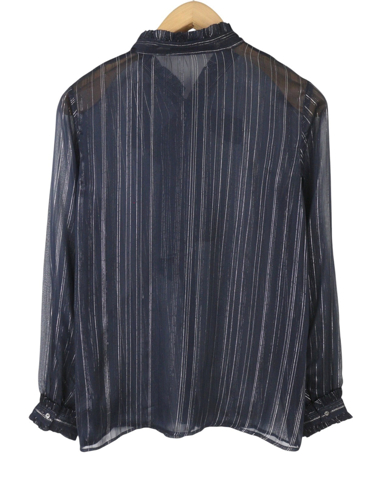 MAISON SCOTCH Women Blouse M Blue Shiny Glitter Pinstriped Transparent Button-Up