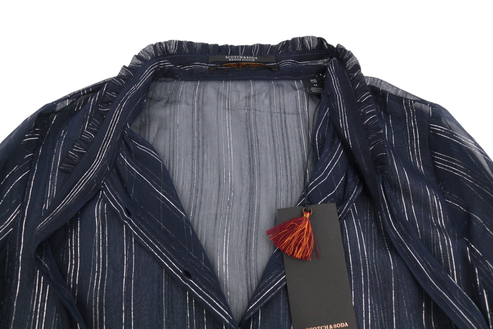 MAISON SCOTCH Women Blouse M Blue Shiny Glitter Pinstriped Transparent Button-Up