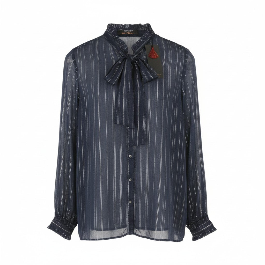 MAISON SCOTCH Women Blouse S Blue Shiny Glitter Pinstriped Transparent Button-Up