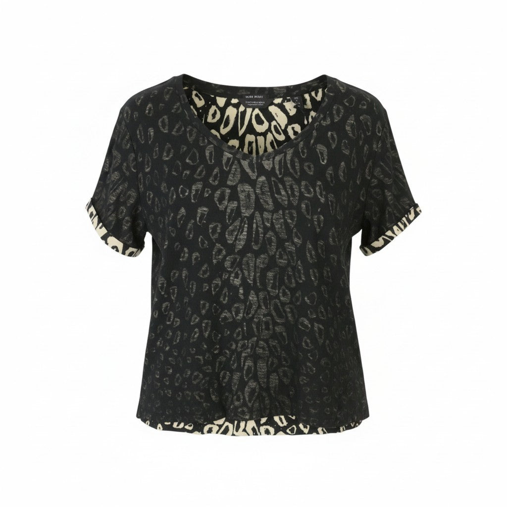 SCOTCH & SODA Women T-Shirt S Black Patterned V-Neck Loose Short Sleeve