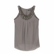 MASSIMO DUTTI Women T-Shirt S Grey Silk Pleated Shiny Beads Sleeveless