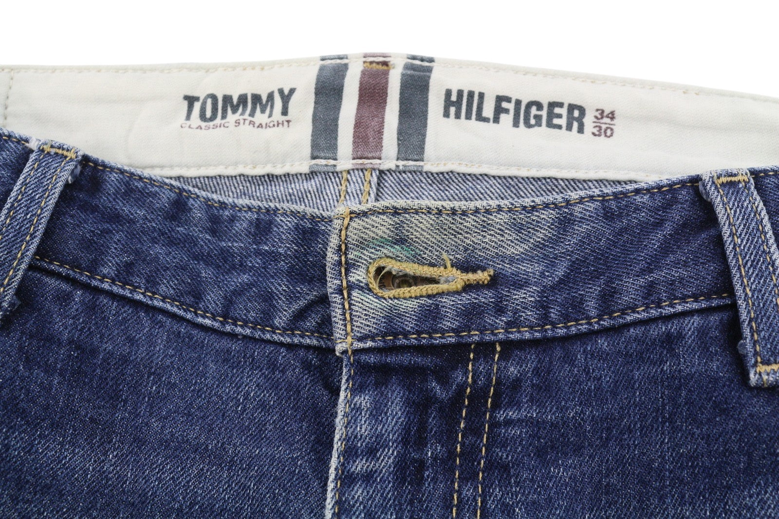 TOMMY HILFIGER Classic Straight Men Jeans W34/L30 Blue Whiskers Faded Denim