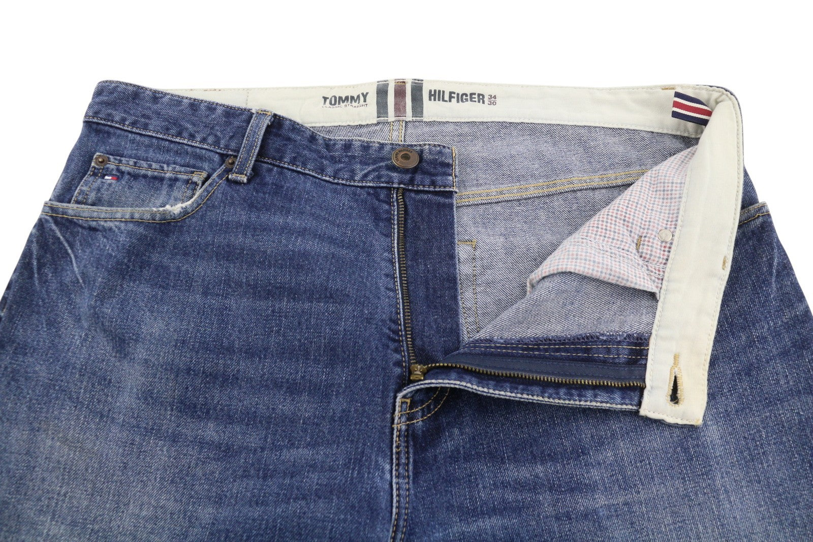 TOMMY HILFIGER Classic Straight Men Jeans W34/L30 Blue Whiskers Faded Denim