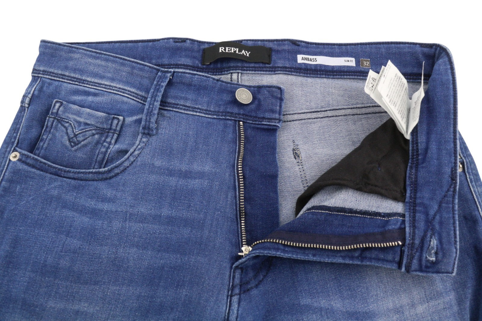 REPLAY Anbass Men Jeans W32/L34 Blue Whiskers Faded Stretch Slim Fit