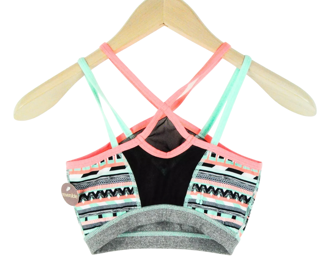 SWEATY BETTY Women Sport Bra 2XS Grey Reversible Patterned Stretch Mesh Straps