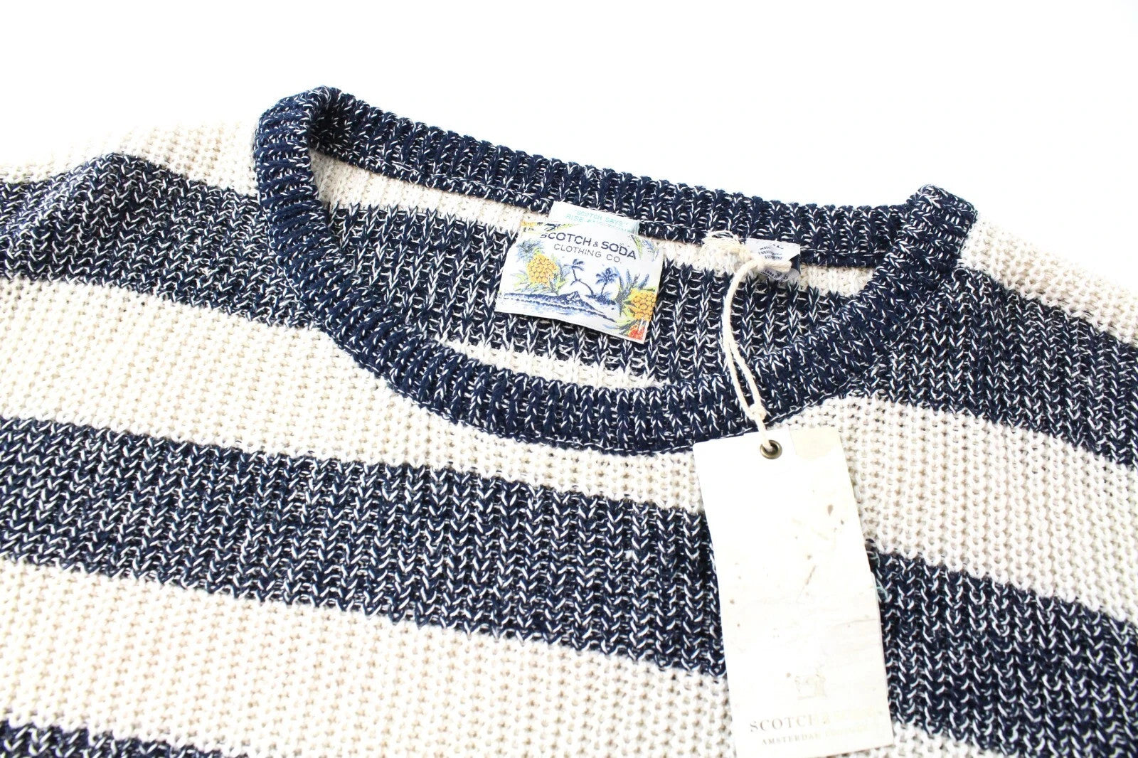 SCOTCH & SODA Ams Couture Men Jumper 2XL Beige Stripe Knit Cotton Blend Sweater