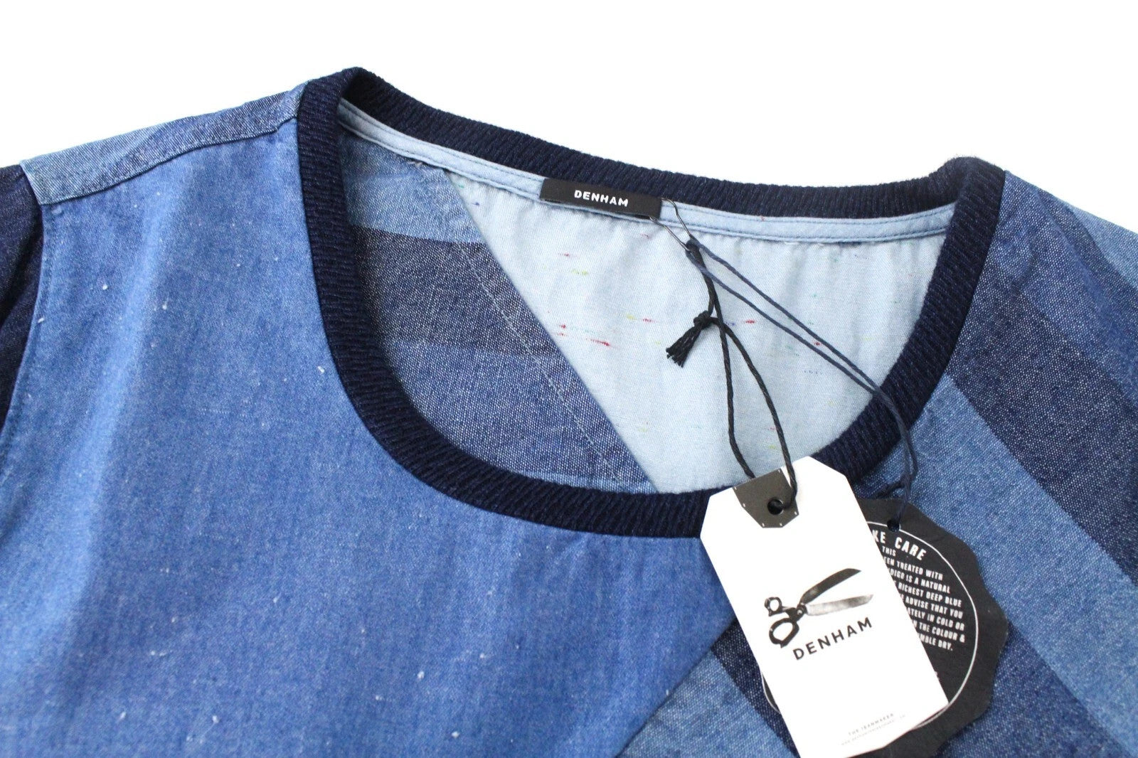 DENHAM Seascape Women T-Shirt s Blue Cotton Patterned Denim Look Short Sleeve