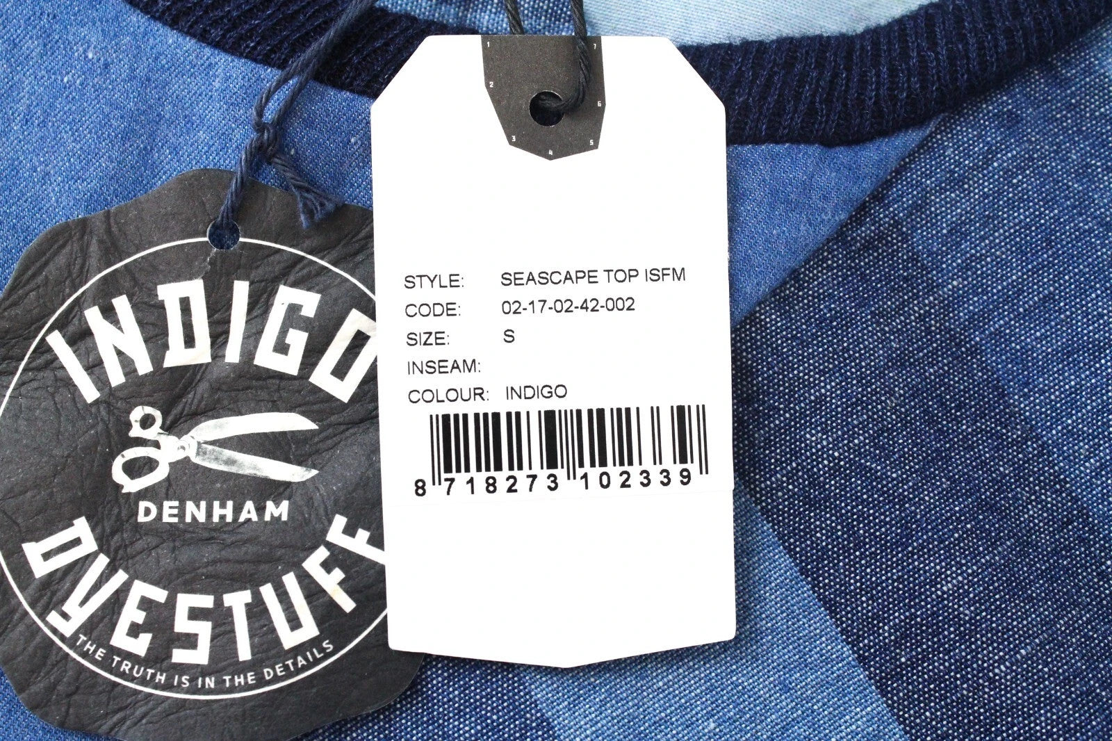 DENHAM Seascape Women T-Shirt s Blue Cotton Patterned Denim Look Short Sleeve