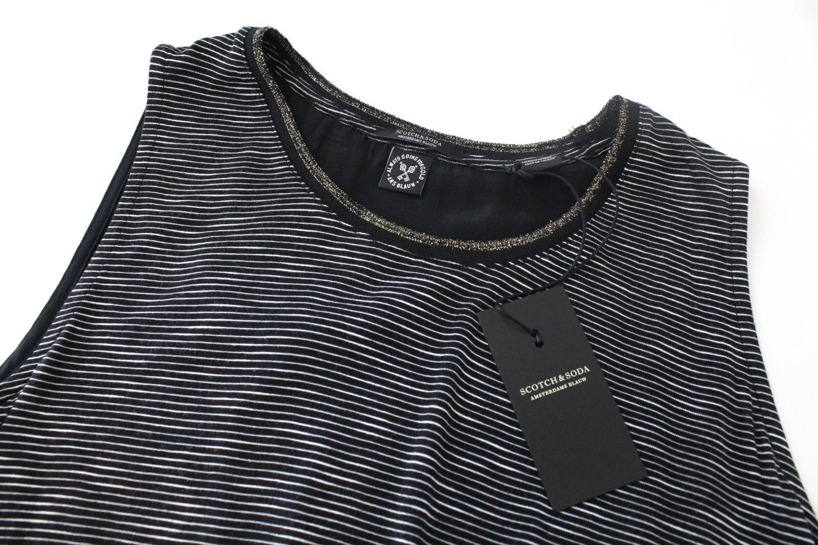 SCOTCH & SODA Ams Blauw Women T-Shirt S Black Cotton Blend Stripes Sleeveless
