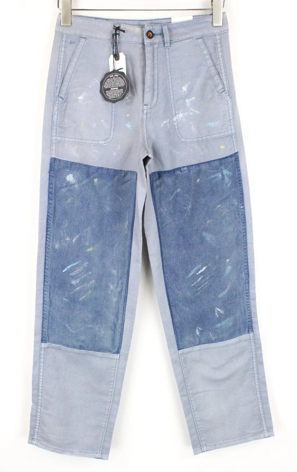 DENHAM Bonnie Women Trousers W22/L28 Blue Wide Fit Linen Cotton Paint Stain