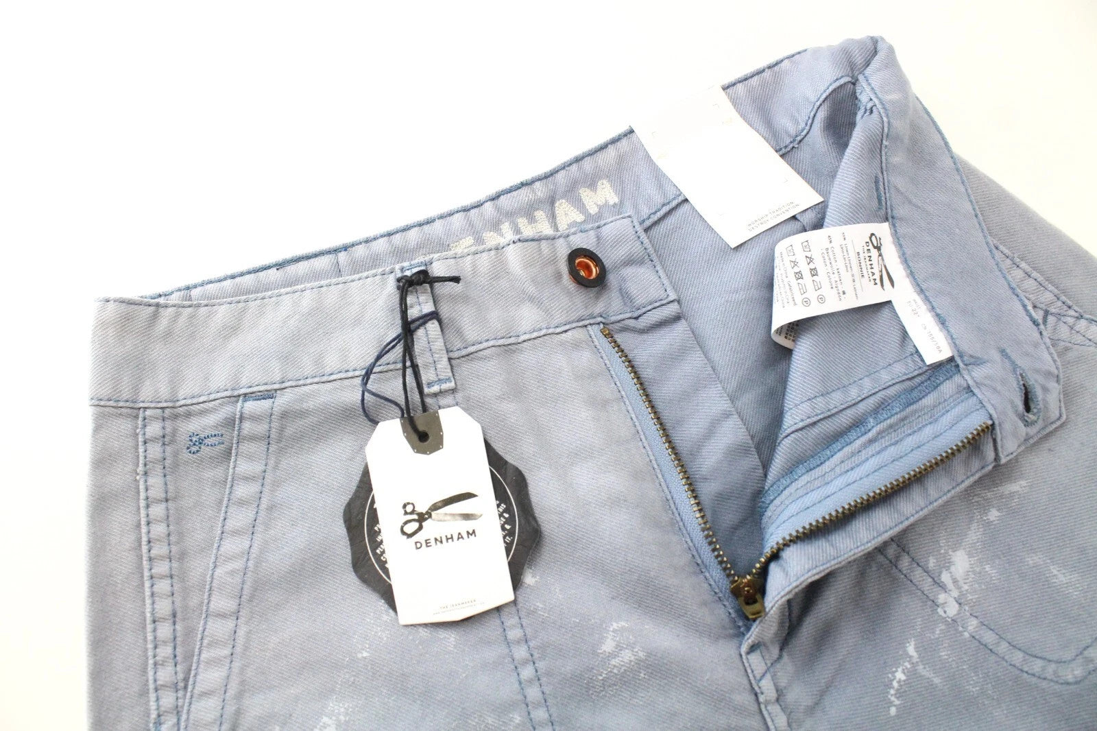 DENHAM Bonnie Women Trousers W22/L28 Blue Wide Fit Linen Cotton Paint Stain