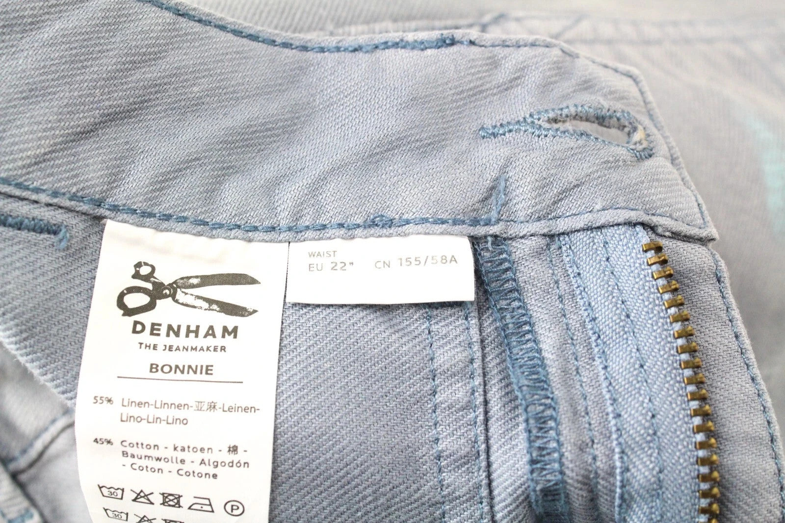 DENHAM Bonnie Women Trousers W22/L28 Blue Wide Fit Linen Cotton Paint Stain
