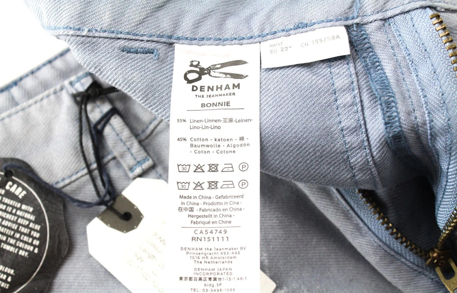 DENHAM Bonnie Women Trousers W22/L28 Blue Wide Fit Linen Cotton Paint Stain