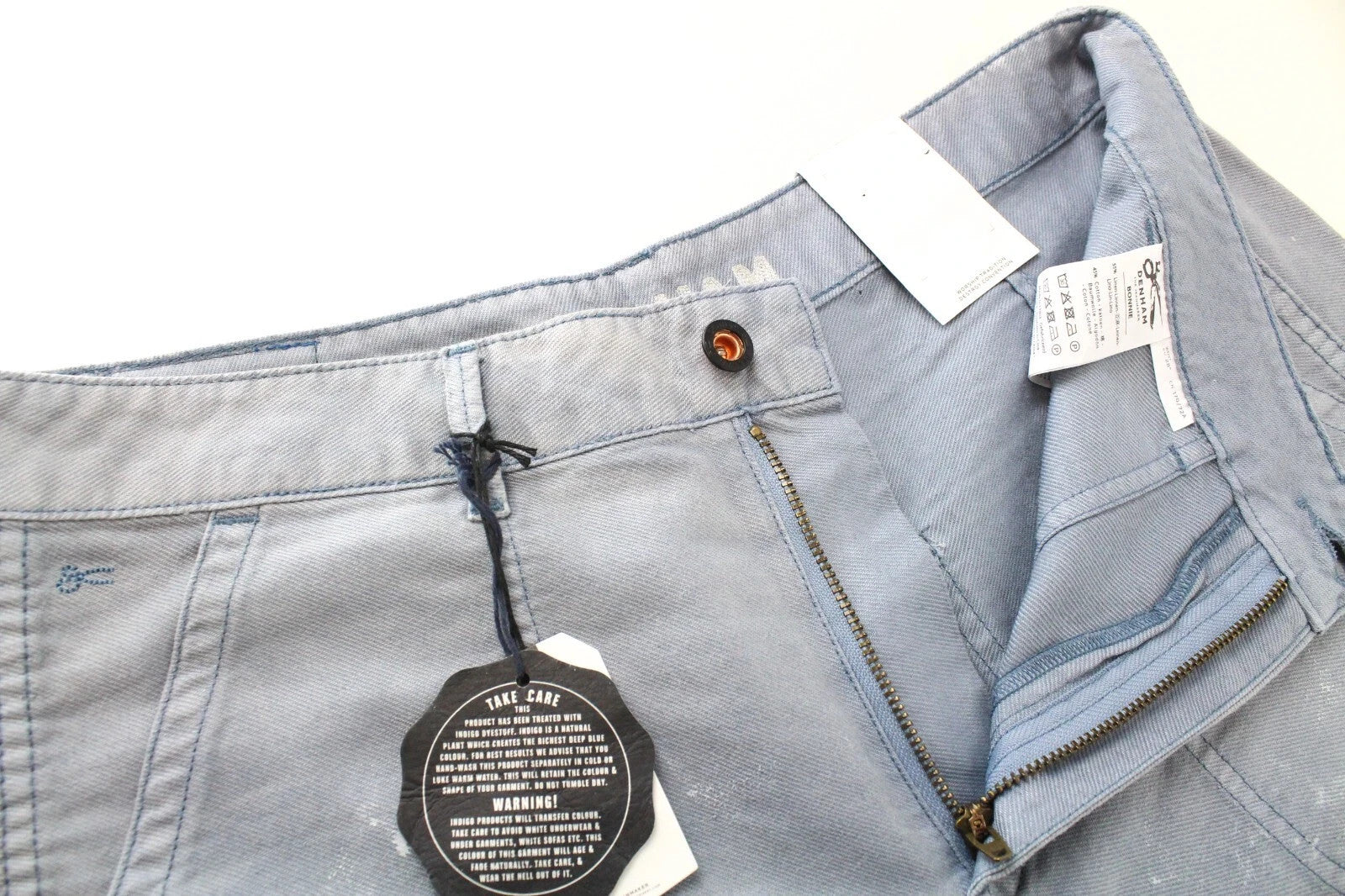 DENHAM Bonnie Women Trousers W28/L28 Blue Wide Fit Linen Cotton Paint Stained