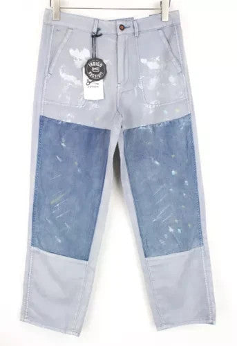 DENHAM Bonnie Women Trousers W26/L28 Blue Wide Linen Cotton Jean Style Painted