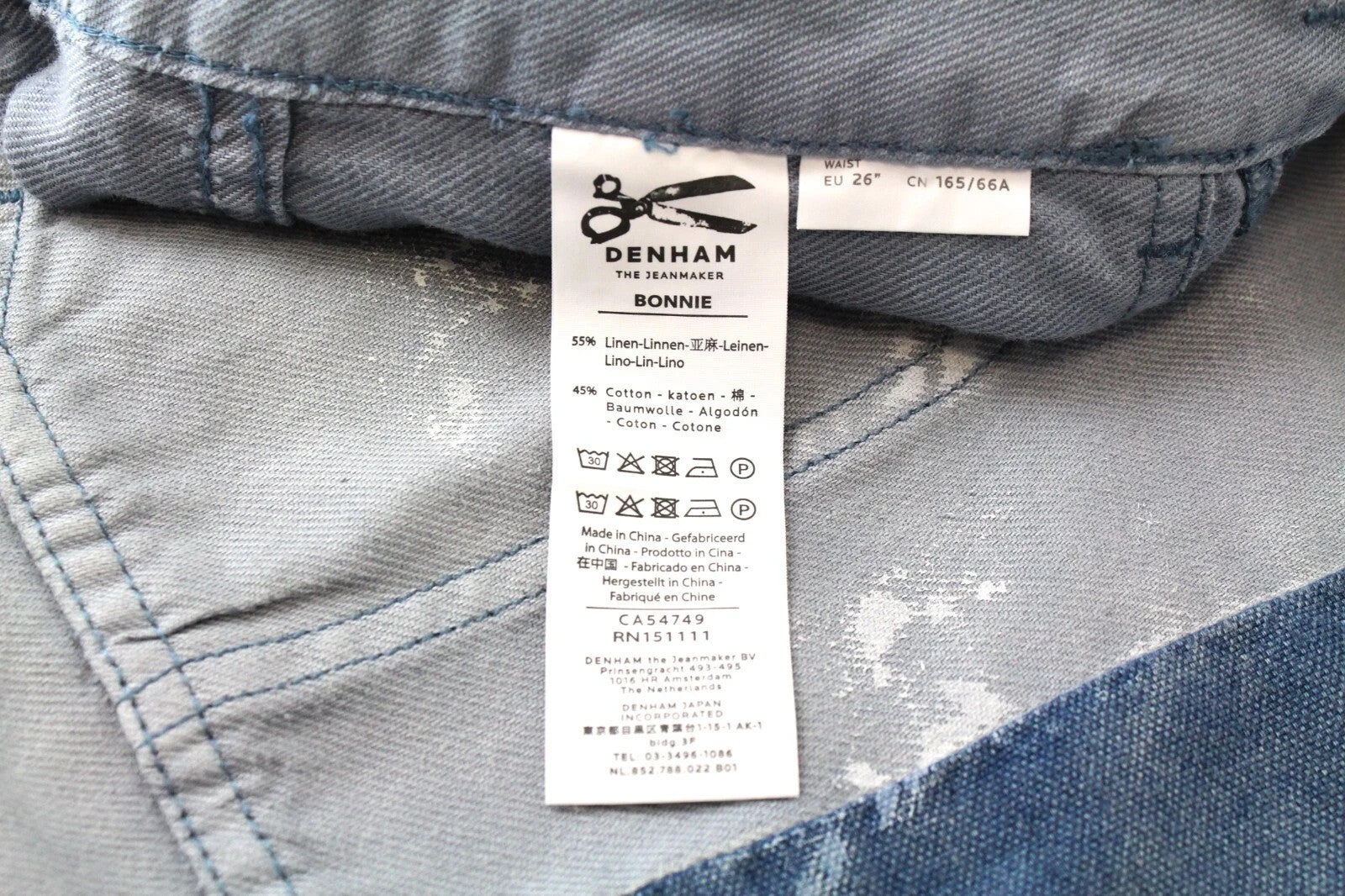 DENHAM Bonnie Women Trousers W26/L28 Blue Wide Linen Cotton Jean Style Painted