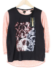 MAISON SCOTCH Women T-Shirt S Pink Cotton Blend Disco Print 3/4 Sleeved