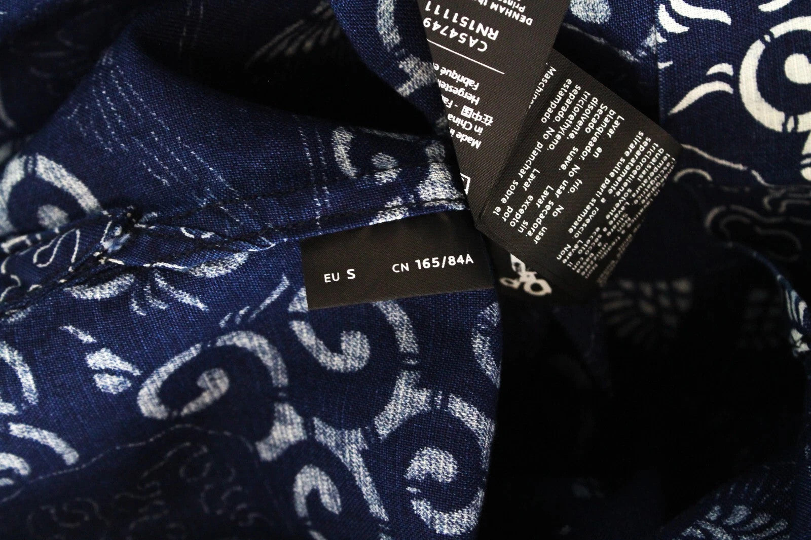 DENHAM Stories Men Shirt S Navy Cotton Linen Patterned Long Sleeved Button-Up