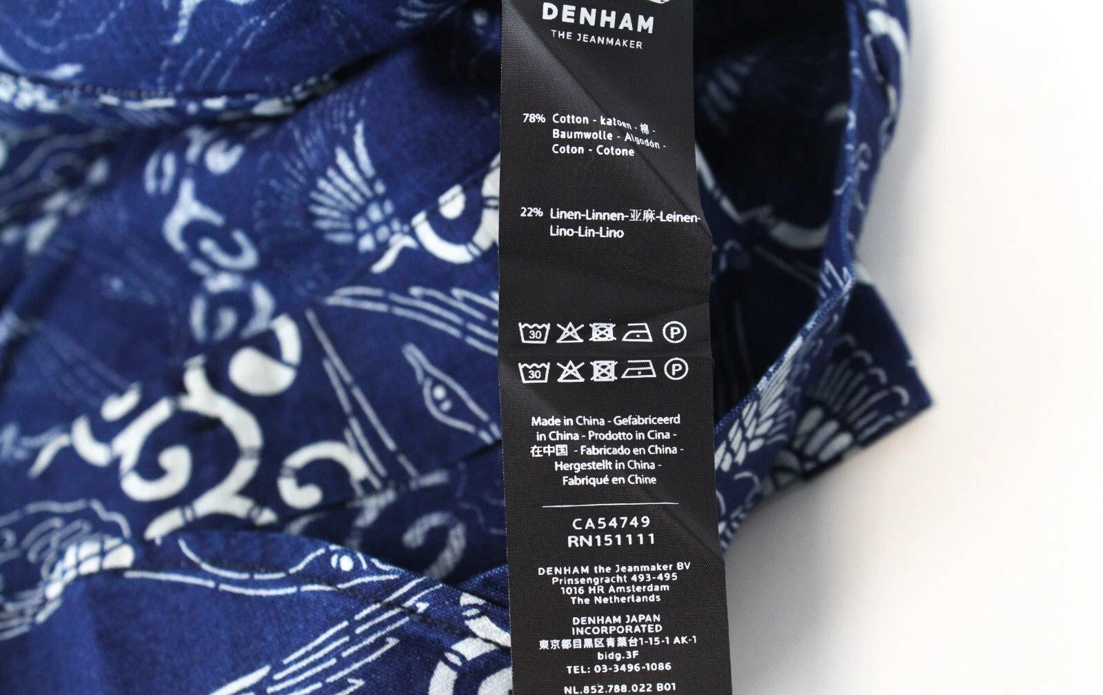 DENHAM Stories Men Shirt S Navy Cotton Linen Patterned Long Sleeved Button-Up