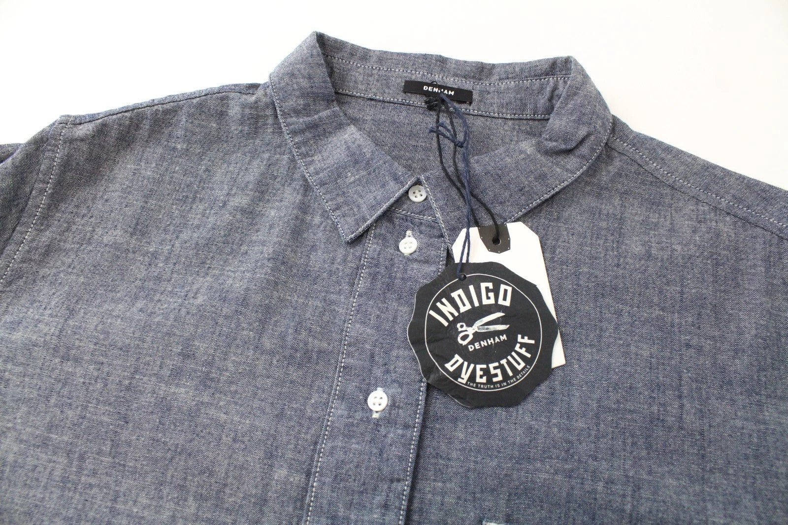 DENHAM Stories Men Shirt M Blue Pure Cotton Pocketed Long Sleeved Collared
