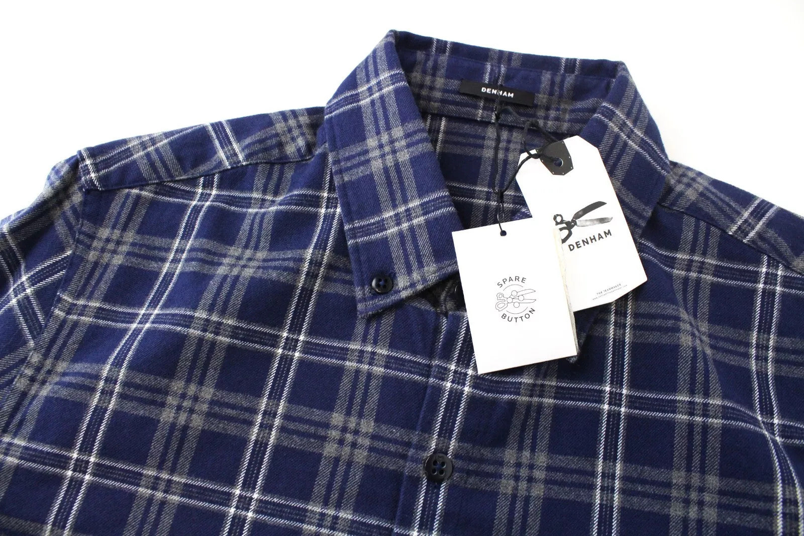 DENHAM Men Shirt S Blue Pure Cotton Checked Flannel Long Sleeved Collared