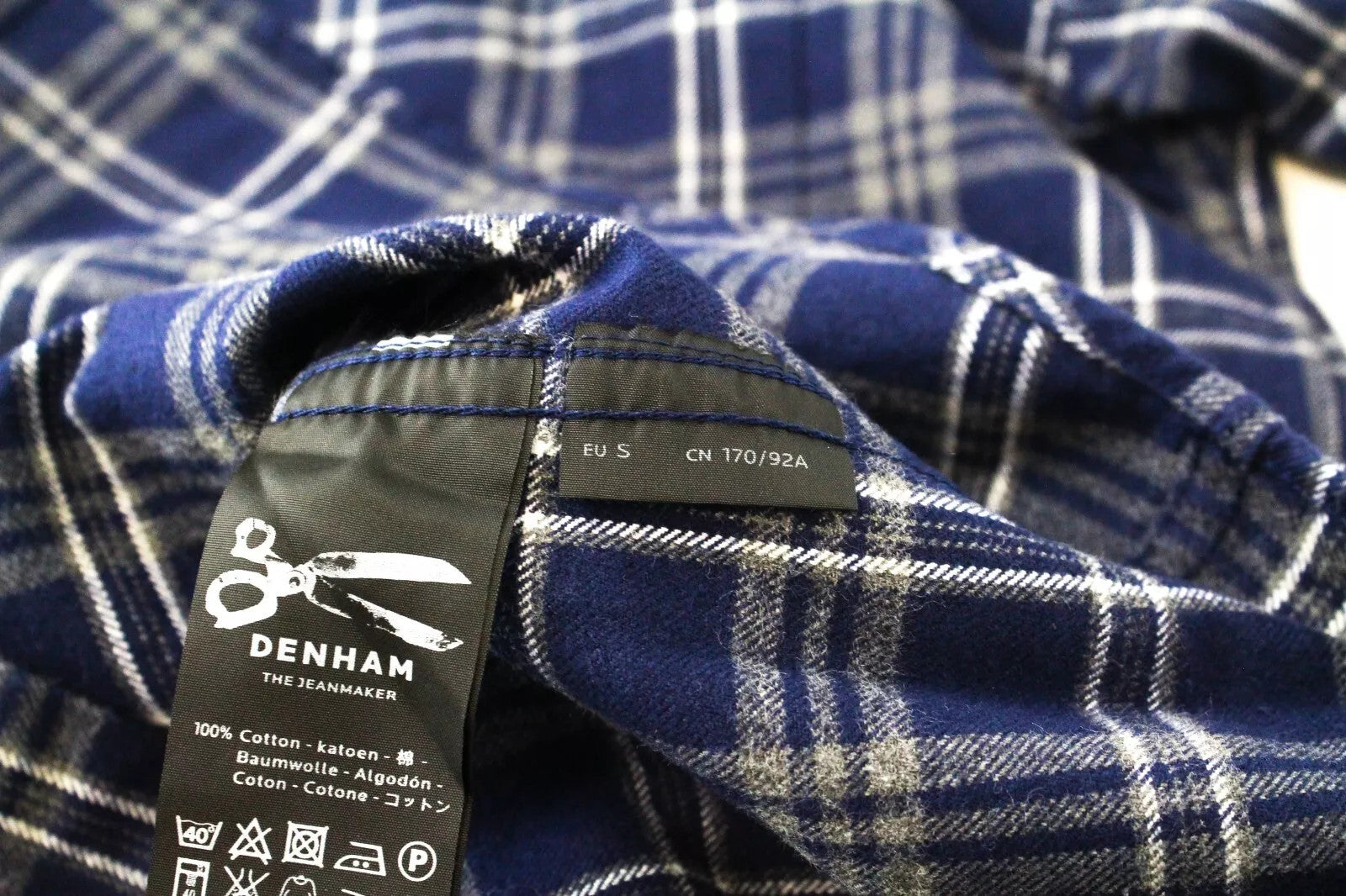 DENHAM Men Shirt S Blue Pure Cotton Checked Flannel Long Sleeved Collared