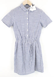 DENHAM Ellen Women Dress XS Blue Pure Cotton Striped Short Sleeved Half-Button