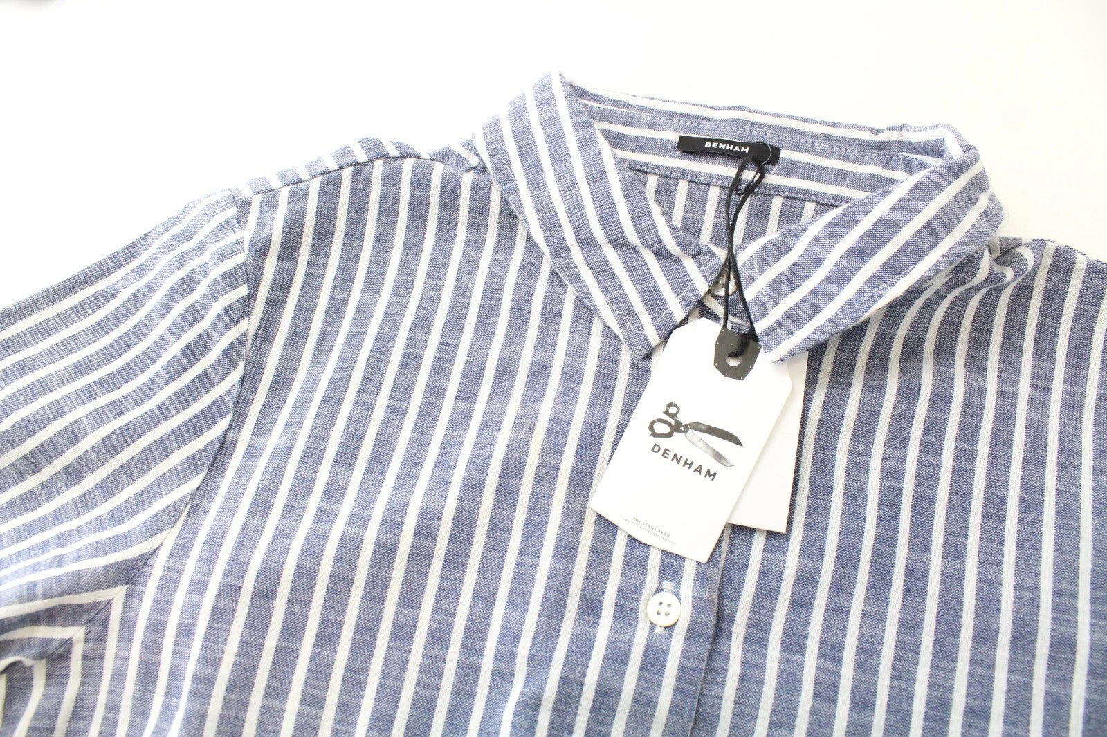 DENHAM Ellen Women Dress XS Blue Pure Cotton Striped Short Sleeved Half-Button