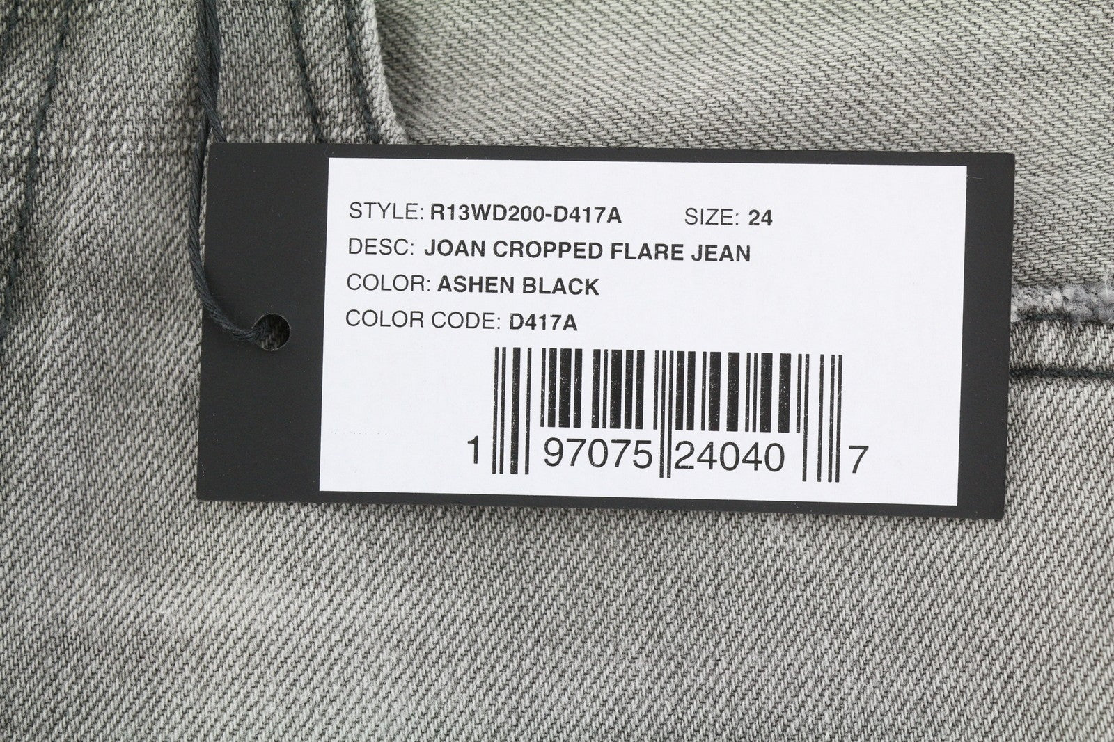 R13 Joan Cropped Flare Women Jeans 24 Ashen Black Whiskers Faded Zipper SS26