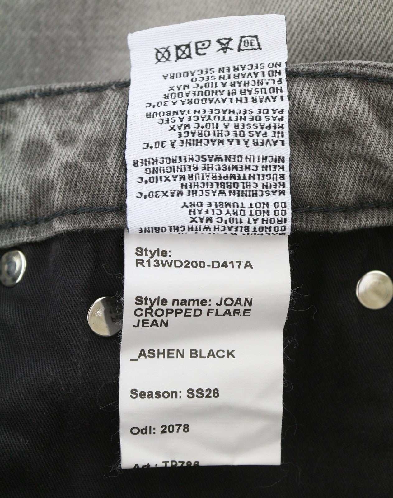 R13 Joan Cropped Flare Women Jeans 24 Ashen Black Whiskers Faded Zipper SS26
