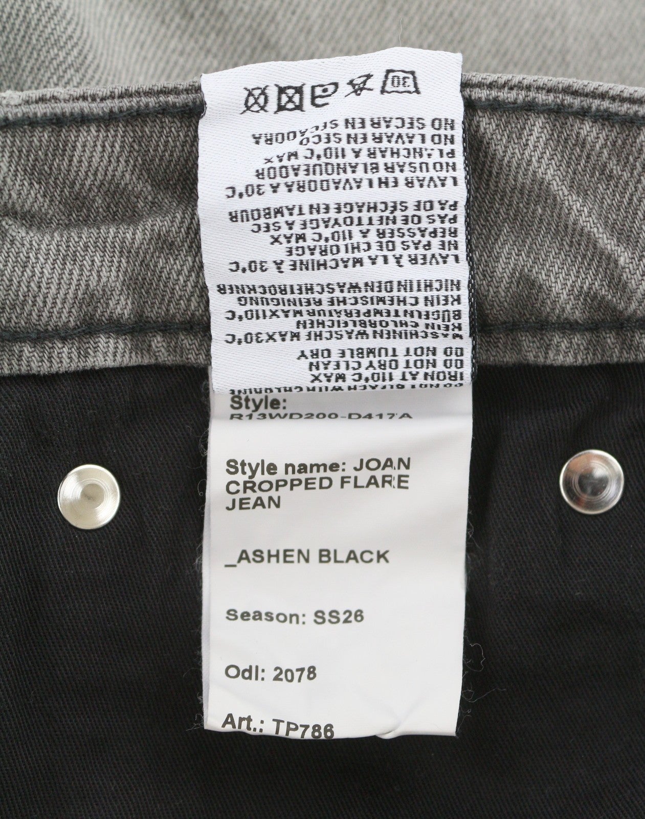 R13 Joan Cropped Flare Women Jeans 27 Ashen Black Whiskers Faded Zip SS26