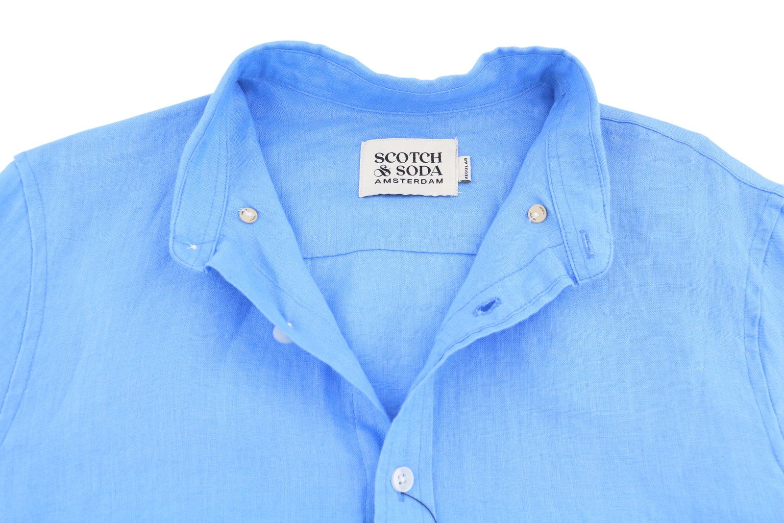 SCOTCH & SODA Men Shirt M Blue Linen Regular Fit Button Down Neck Roll-Up Casual