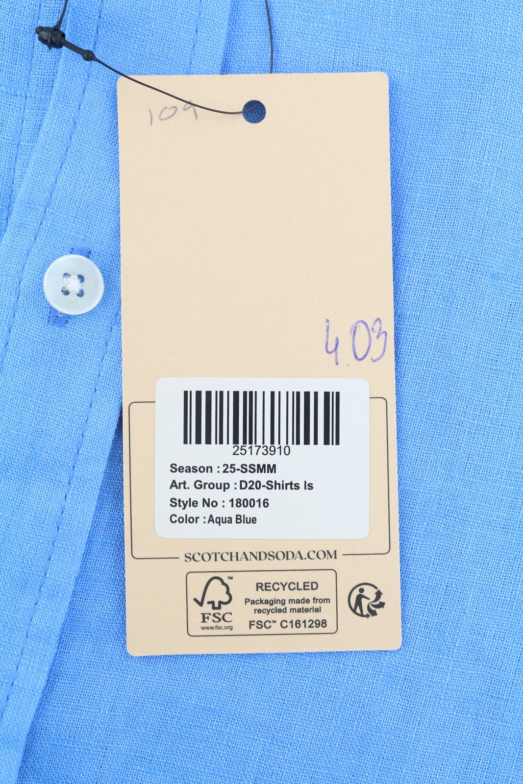 SCOTCH & SODA Men Shirt M Blue Linen Regular Fit Button Down Neck Roll-Up Casual