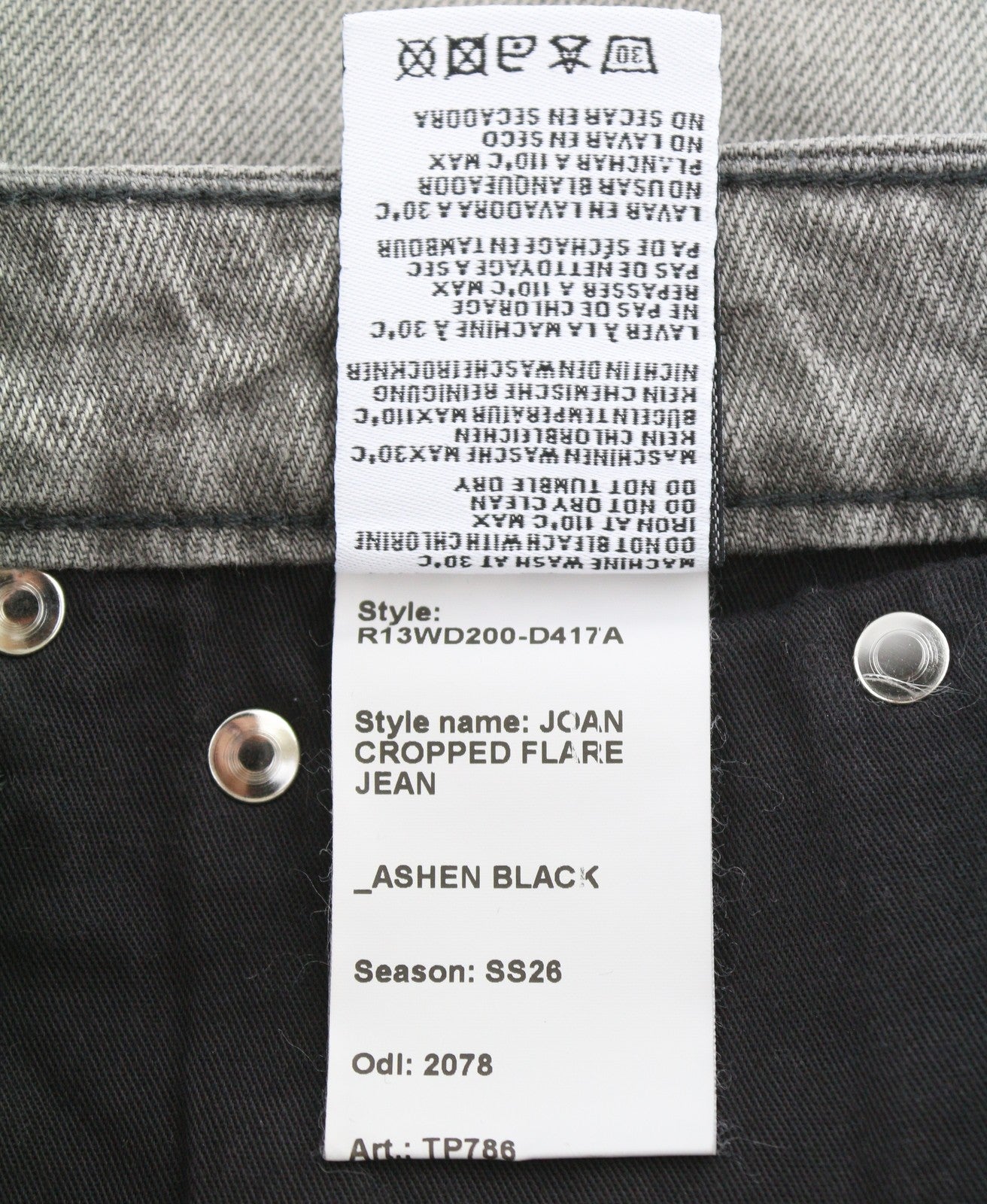 R13 Joan Cropped Flare Women Jeans 25 Ashen Black Whiskers Faded Zipper SS26