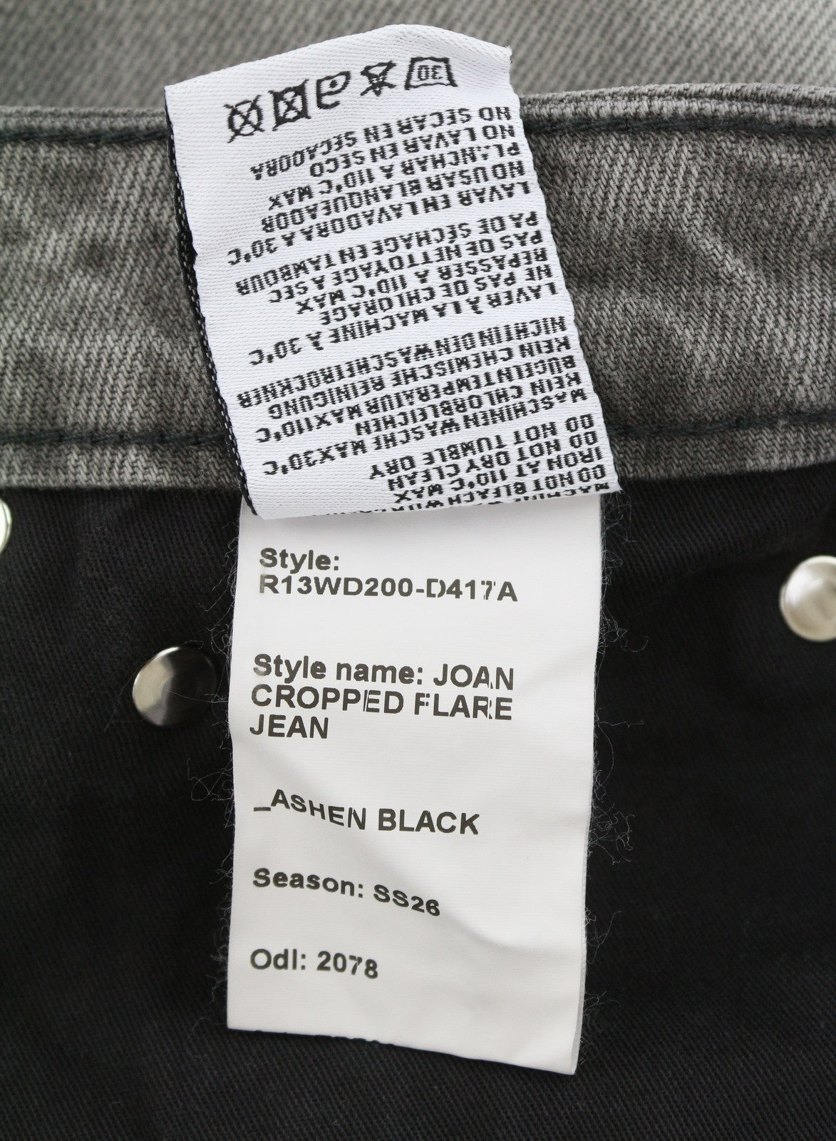 R13 Joan Cropped Flare Women Jeans 27 Ashen Black Whiskers Faded Zipper SS26