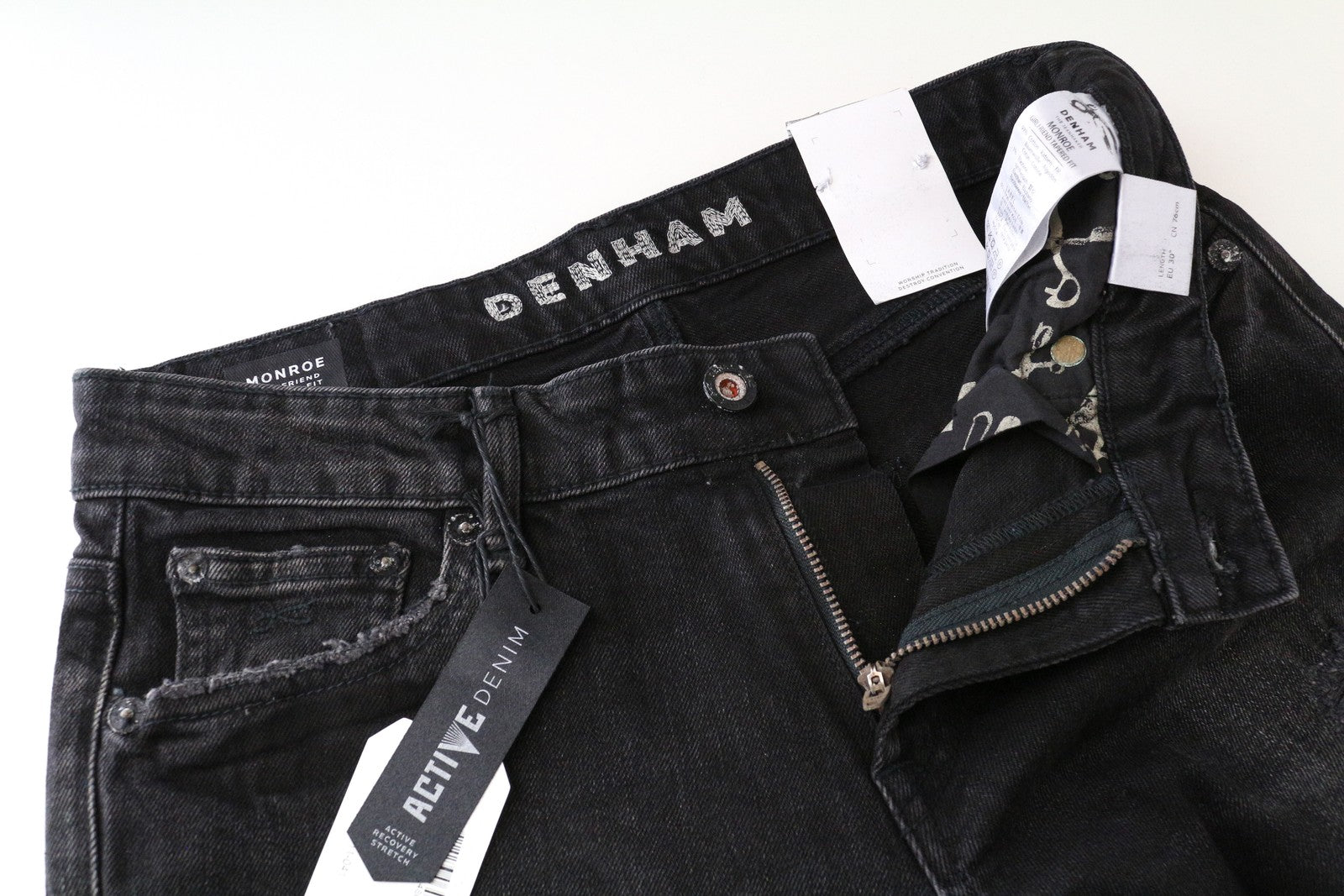 DENHAM Monroe Women Jeans W24/L30 Girlfriend Tapered Distressed Washed Black