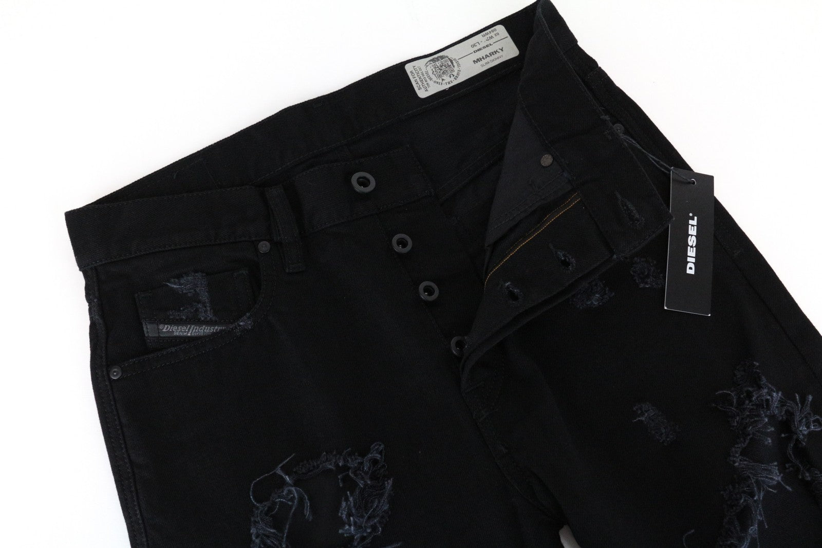 DIESEL Mharky 084WR Men Jeans W29/L30 Black Ripped Denim Cotton Slim Skinny