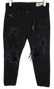 DIESEL Mharky 084WR Men Jeans W29/L30 Black Ripped Denim Cotton Slim Skinny
