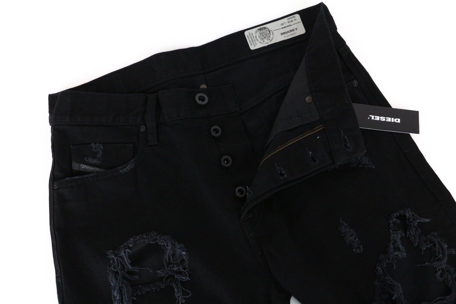 DIESEL Mharky 084WR Men Jeans W29/L30 Black Ripped Denim Cotton Slim Skinny