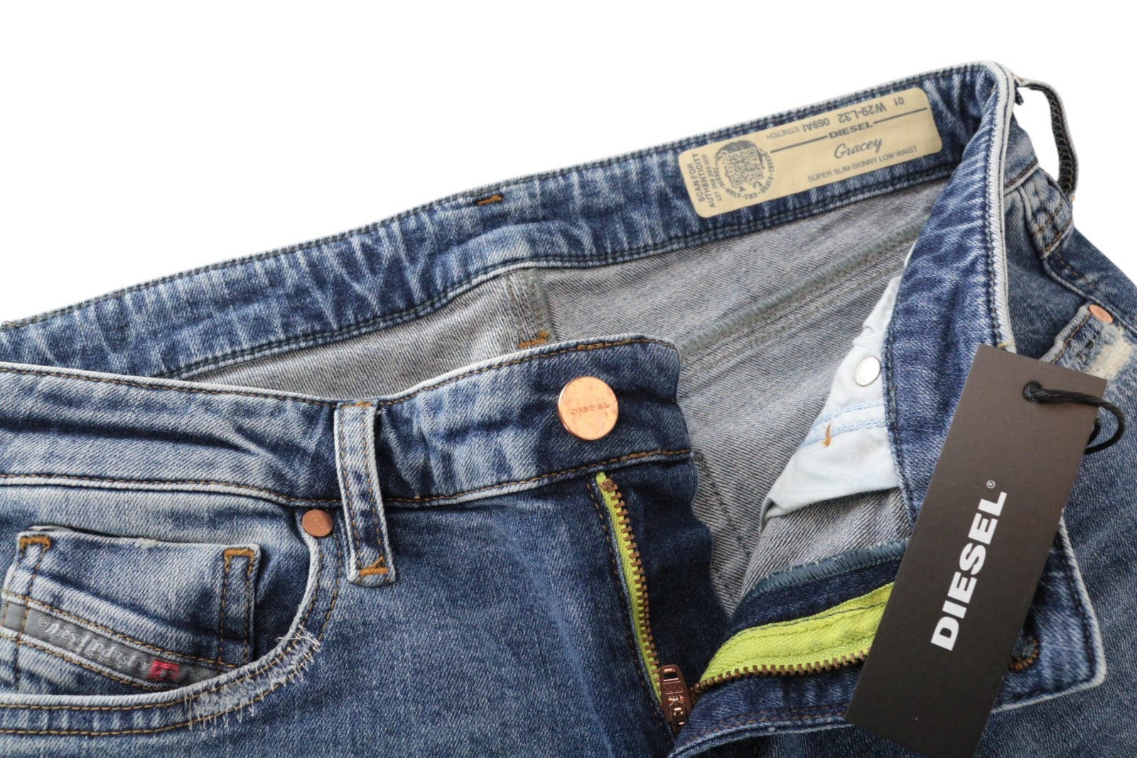 DIESEL Gracey 069AI Women Jeans W29/L32 Super Slim-Skinny Low Distressed Blue