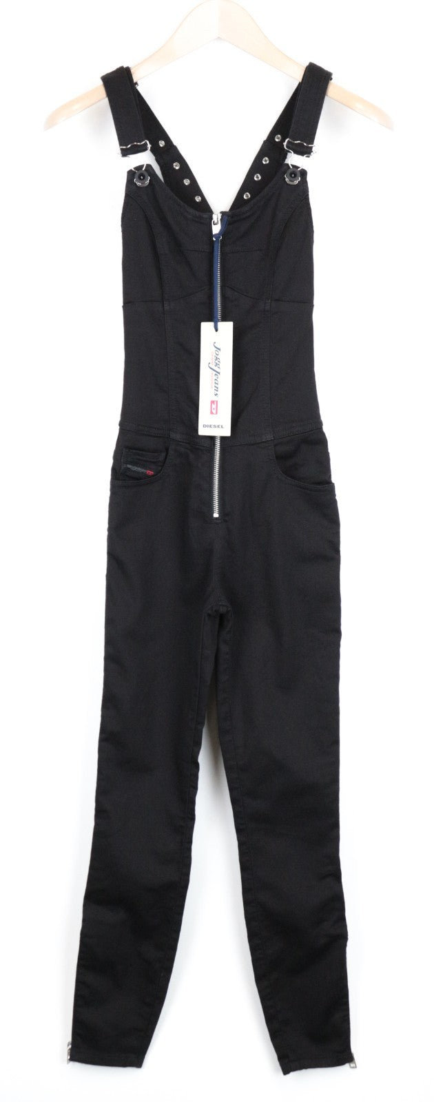 DIESEL D-Inder-Ne 0686E Women Jumpsuit XS Solid Black Lacing Jogg Sweat Tapered