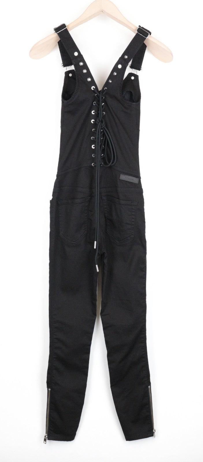 DIESEL D-Inder-Ne 0686E Women Jumpsuit XS Solid Black Lacing Jogg Sweat Tapered