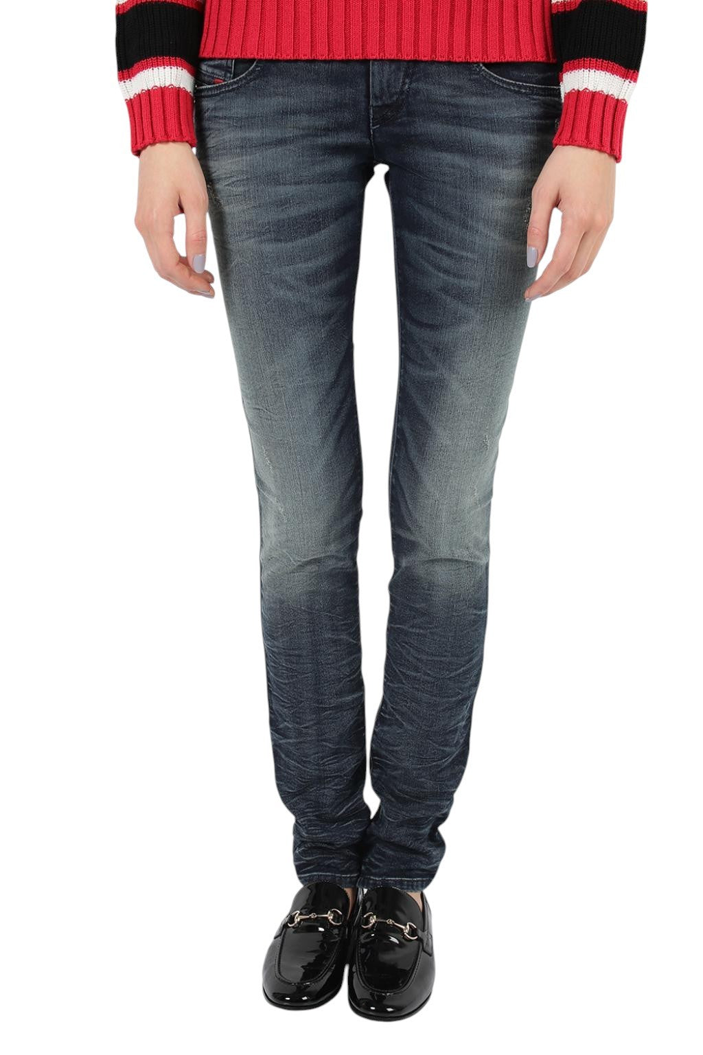 DIESEL Grupee-Ne 0674X Women Jeans W25 Jogg Sweat Mid-Blue Distressed Slim Fit