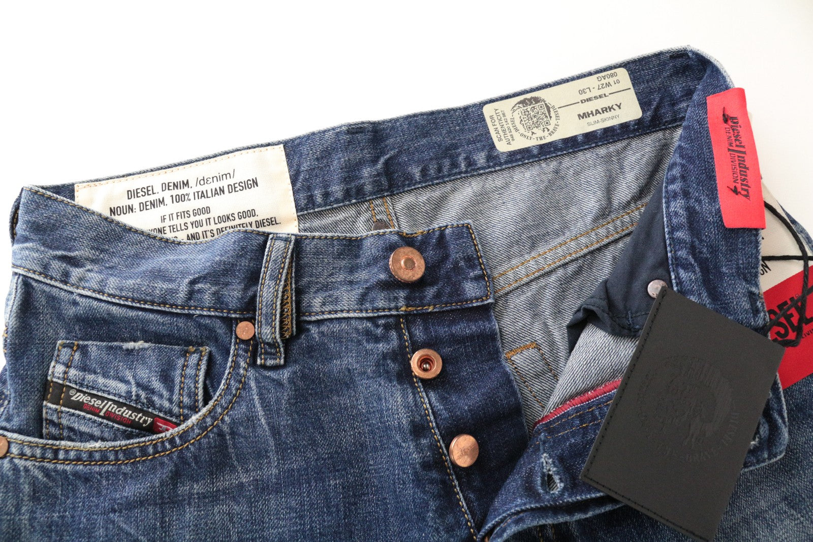 DIESEL Mharky 080AG Men Jeans W27/L30 Non-Stretch Slim Skinny Fit Ripped Blue