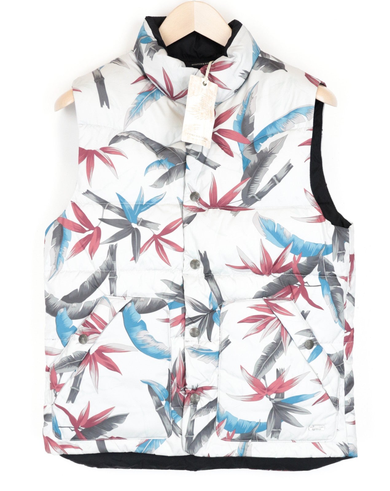SCOTCH & SODA Men Waistcoat S Reversible Floral High Neck Quilted Off-White