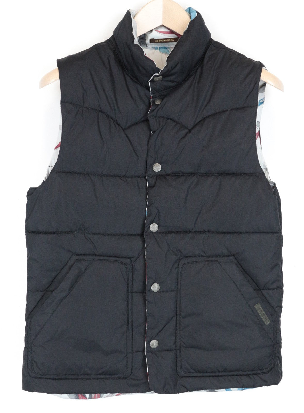 SCOTCH & SODA Men Waistcoat S Reversible Floral High Neck Quilted Off-White