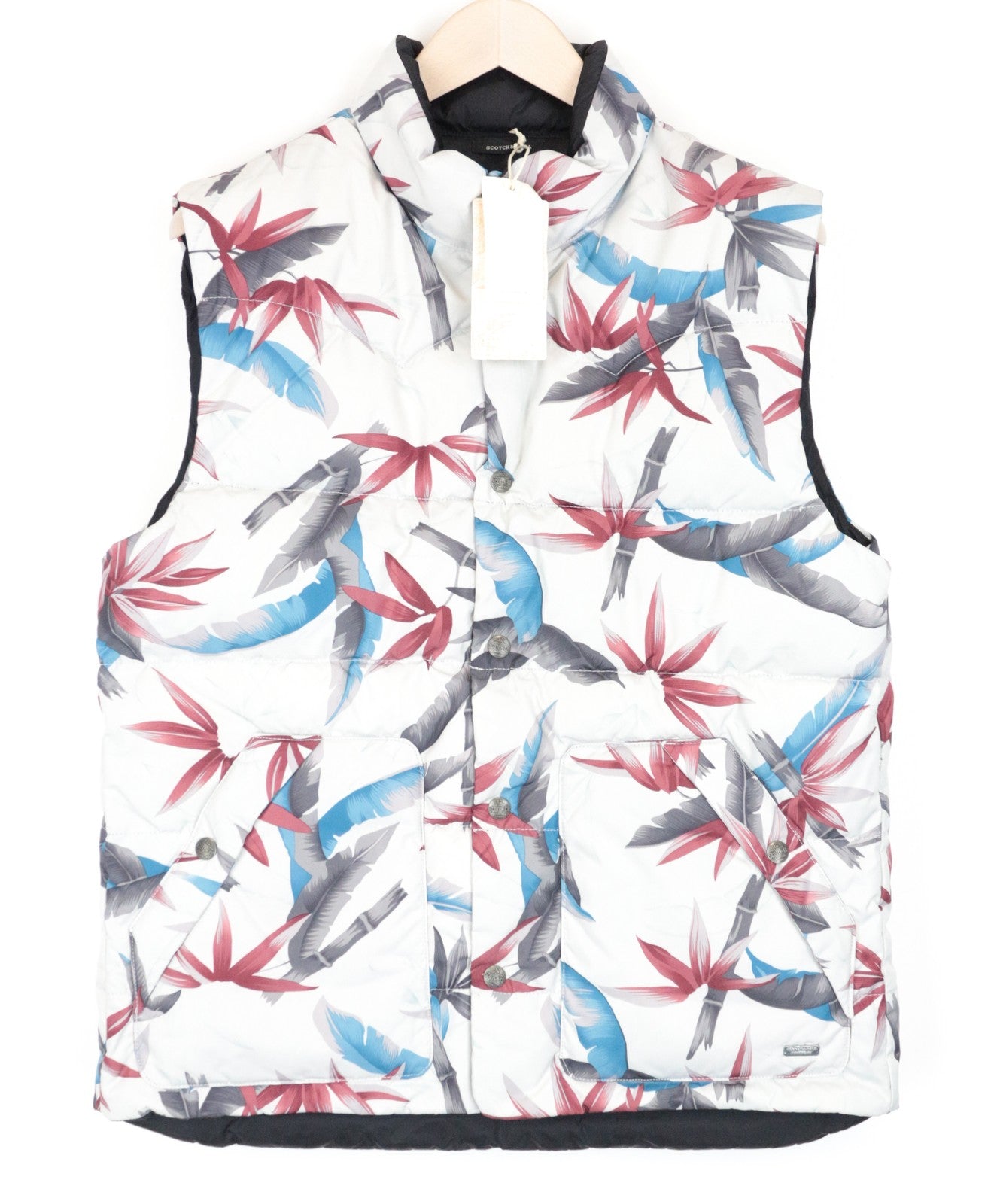 SCOTCH & SODA Men Waistcoat L Reversible Off-White Floral Print Buttoned Classic