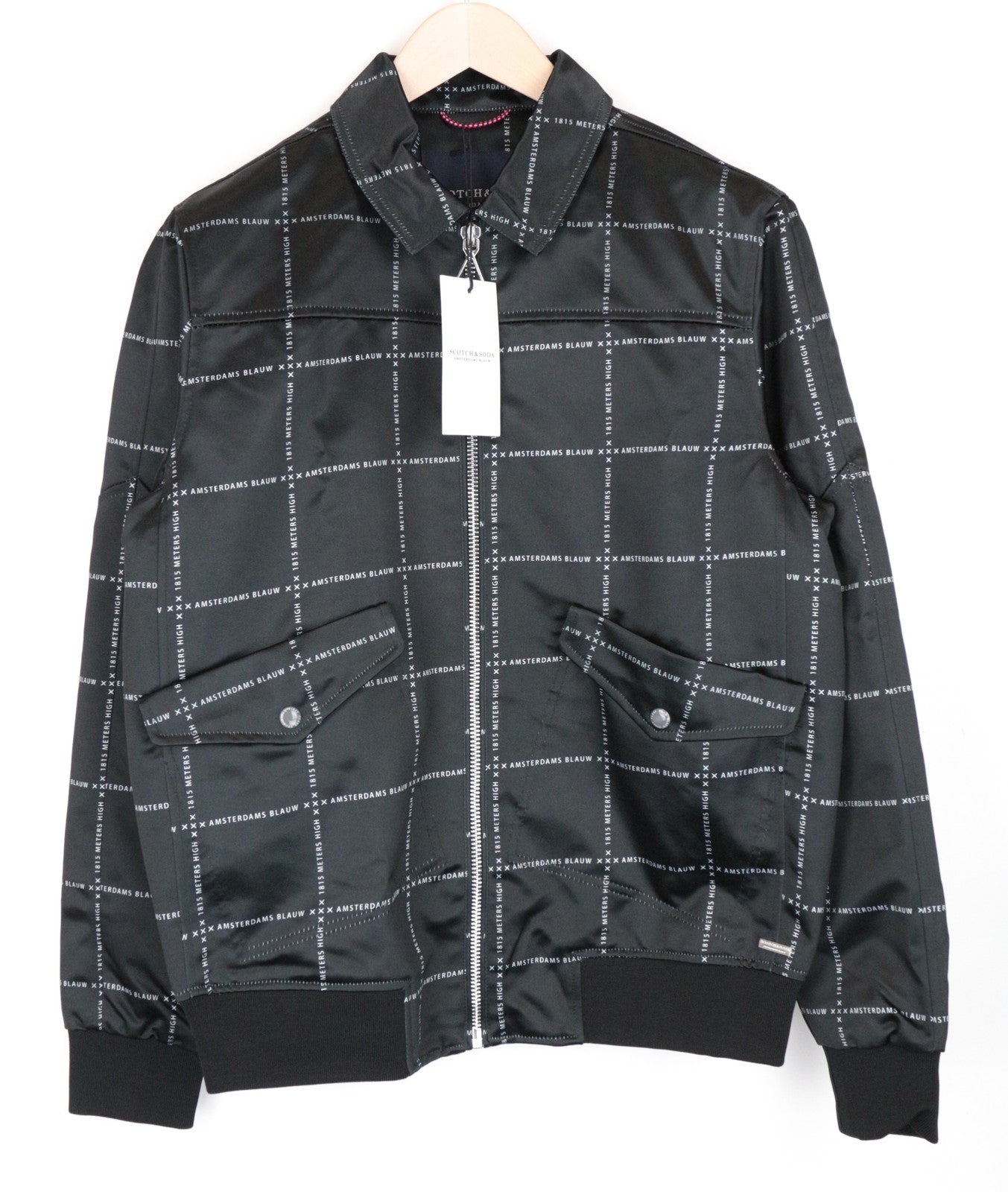 SCOTCH & SODA Men Jacket XL Windowpane Check Black Graphic Logo Harrington~