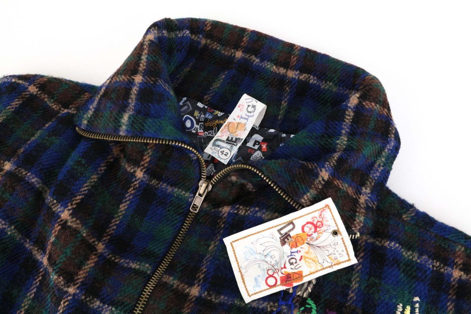 DESIGUAL Women Jacket 42 Blue Green Wool Blend Checked Patterned Short Sleeve
