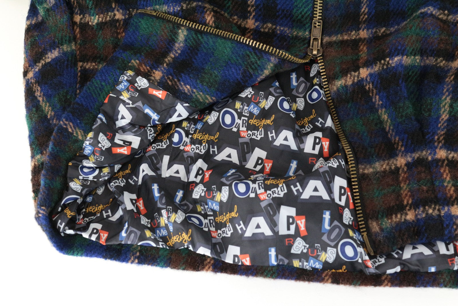 DESIGUAL Women Jacket 42 Blue Green Wool Blend Checked Patterned Short Sleeve